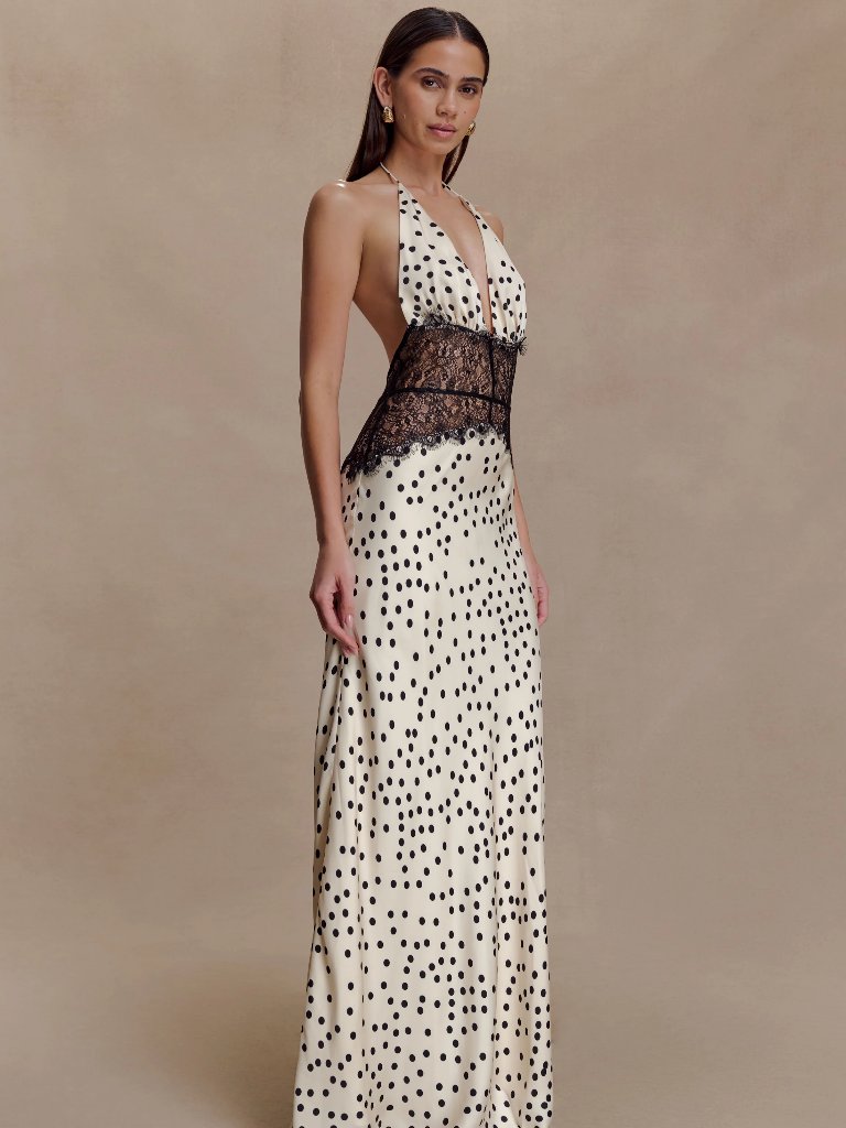 Meshki Dinah Lace And Satin White & Black Polkadot Maxi Dress